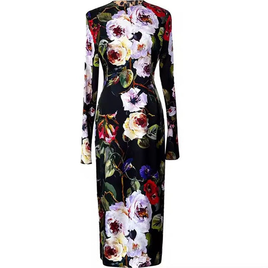 Long Sleeve 100% Silk Midi Dress in Bold Floral Print - Dress By Vicky