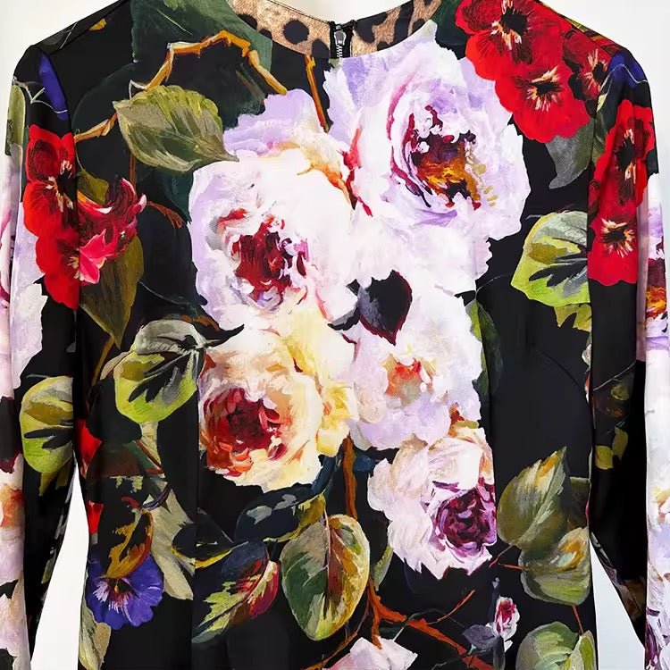 Long Sleeve 100% Silk Midi Dress in Bold Floral Print - Dress By Vicky