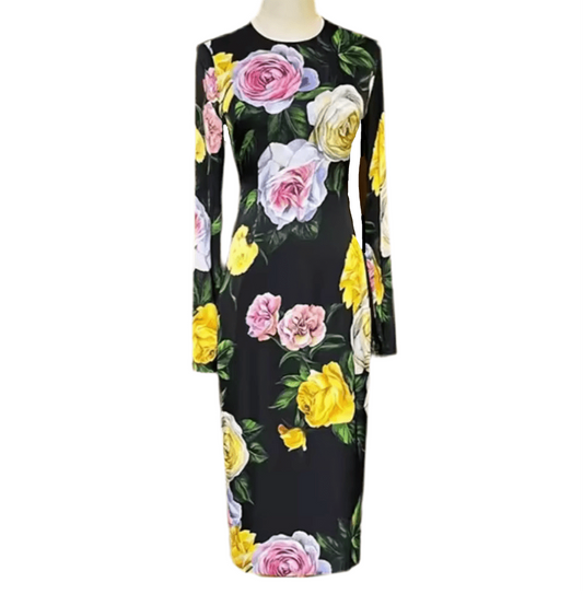 Long Sleeve 100% Silk Midi Dress in Multicolor Rose Print - Dress By Vicky