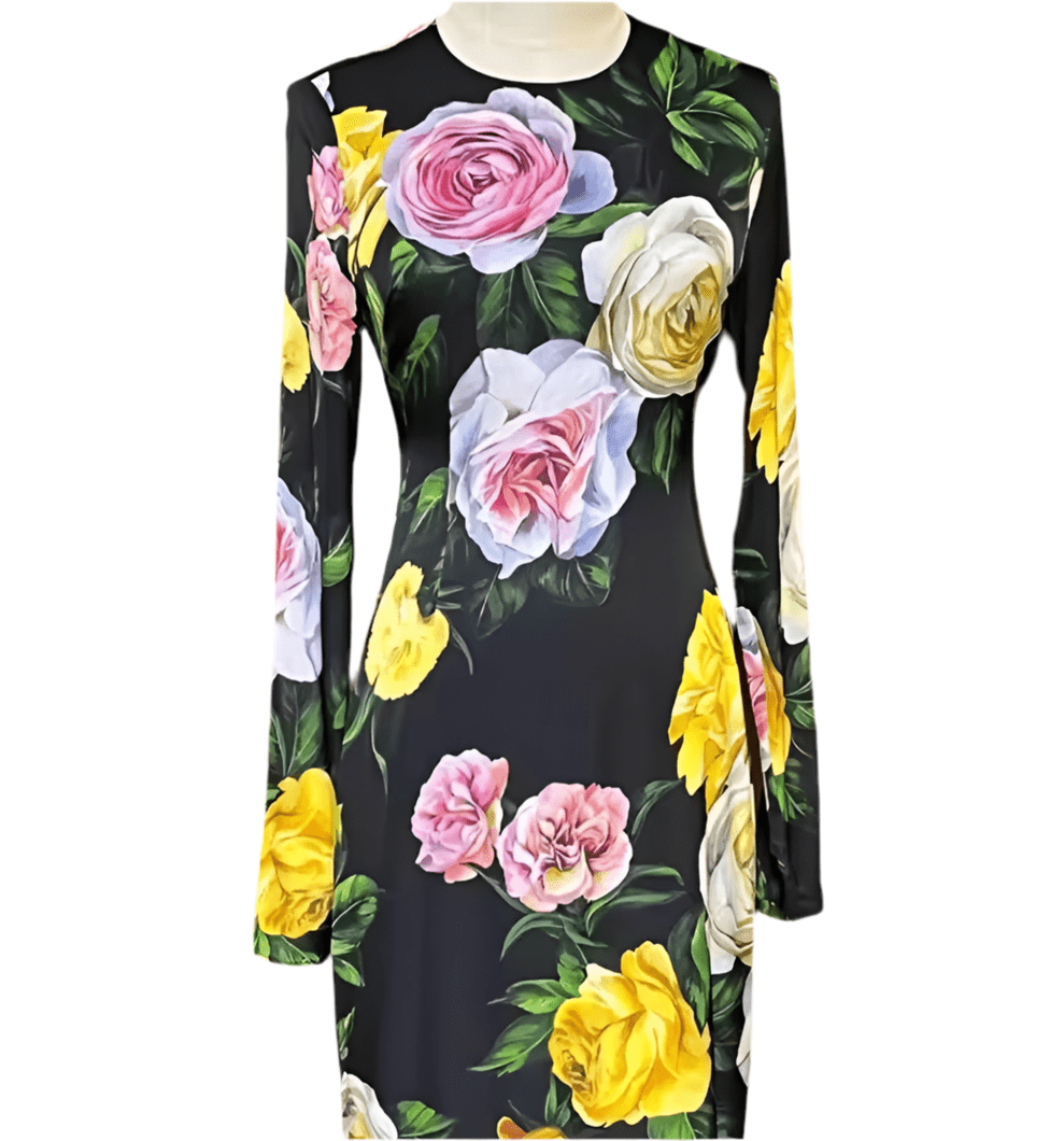 Long Sleeve 100% Silk Midi Dress in Multicolor Rose Print - Dress By Vicky