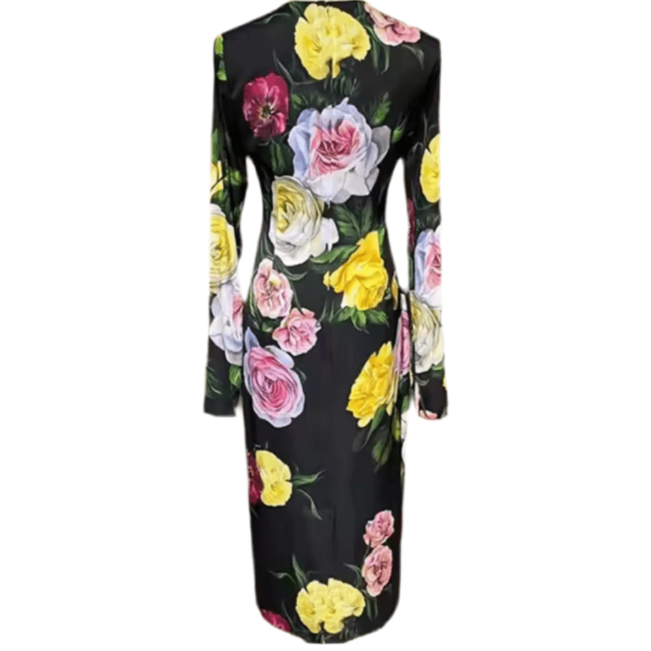Long Sleeve 100% Silk Midi Dress in Multicolor Rose Print - Dress By Vicky