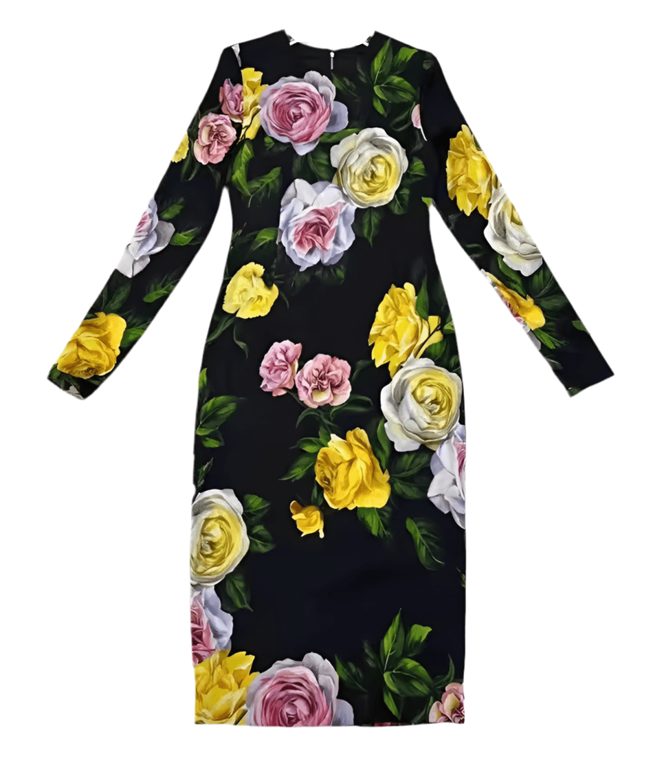 Long Sleeve 100% Silk Midi Dress in Multicolor Rose Print - Dress By Vicky