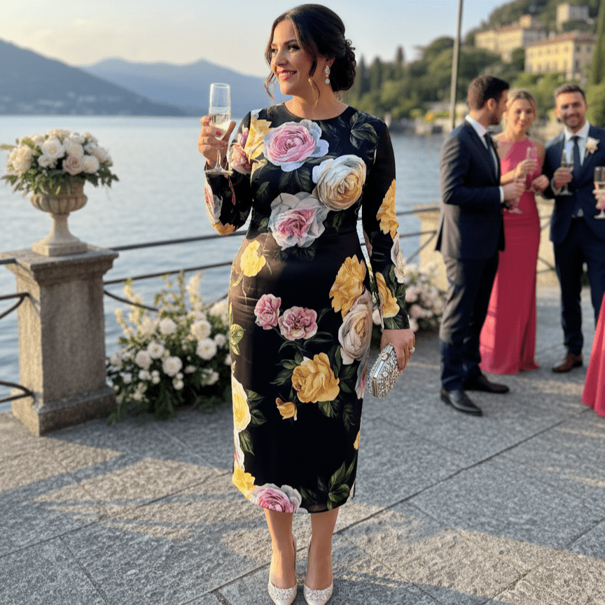 Long Sleeve 100% Silk Midi Dress in Multicolor Rose Print - Dress By Vicky