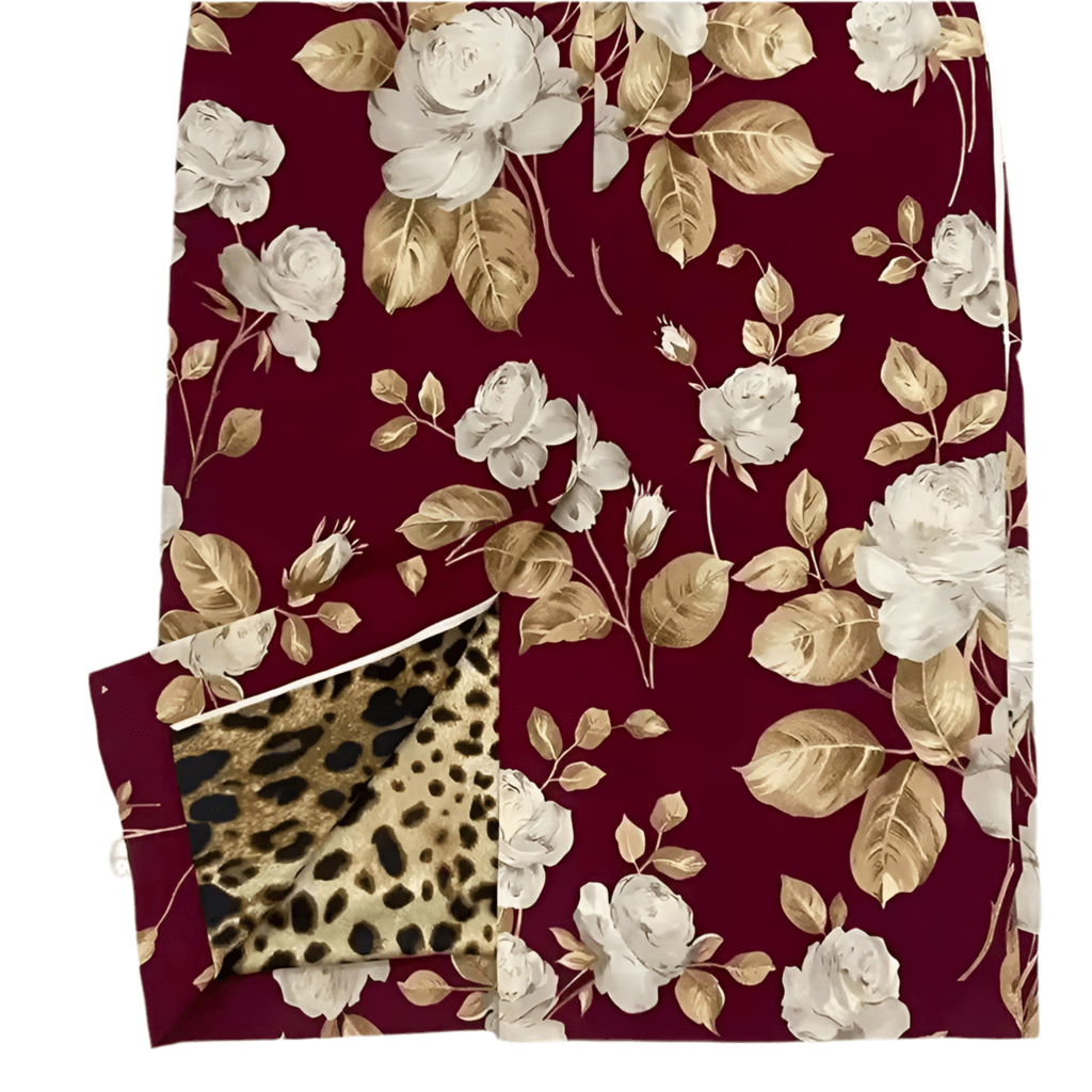 Long Sleeve Burgundy Silk Midi Dress in Beige Rose Print with Leopard Silk Lining - Dress By Vicky