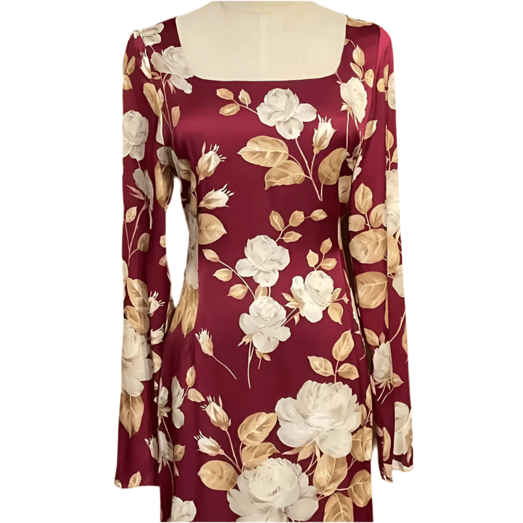 Long Sleeve Burgundy Silk Midi Dress in Beige Rose Print with Leopard Silk Lining - Dress By Vicky