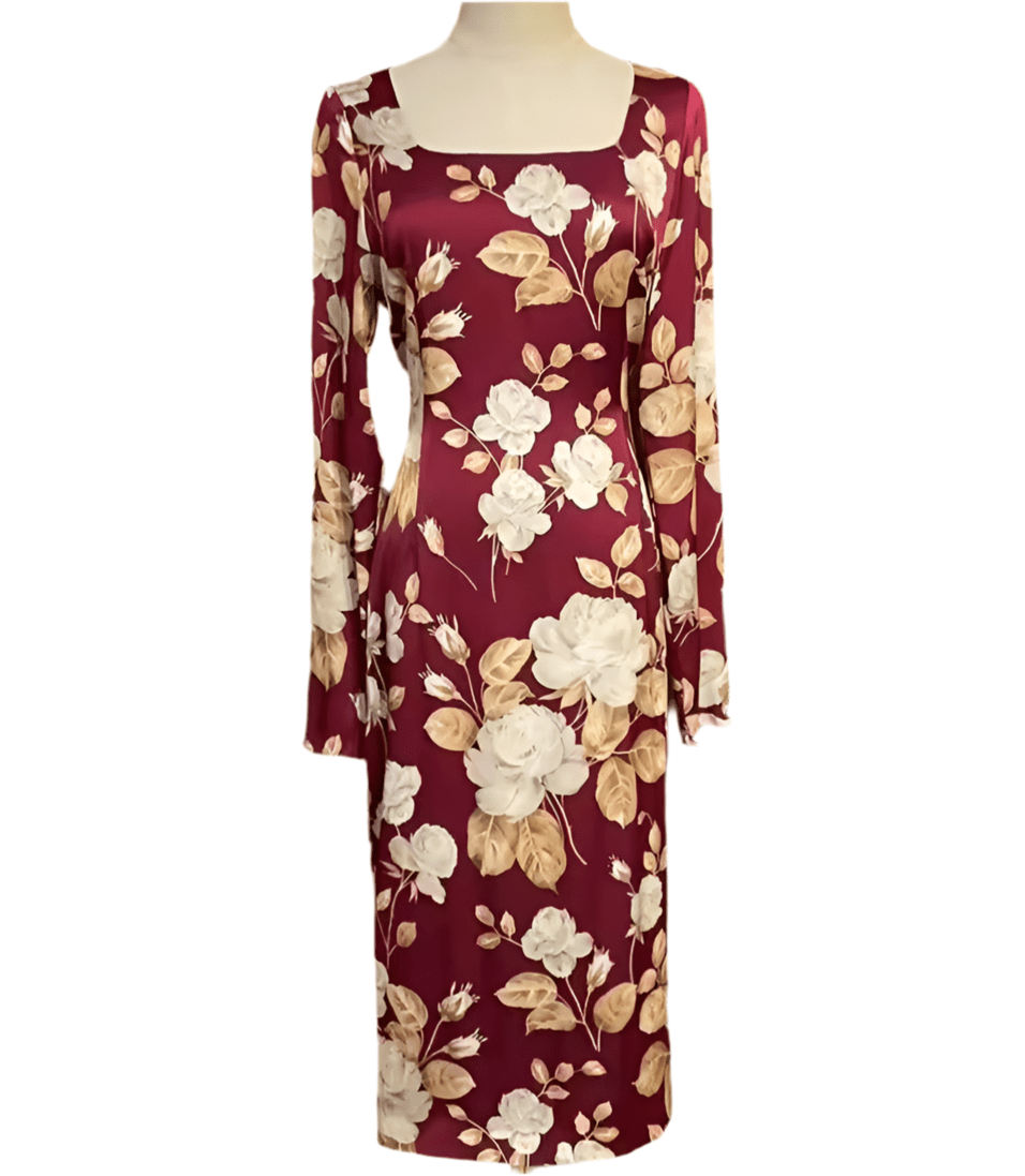 Long Sleeve Burgundy Silk Midi Dress in Beige Rose Print with Leopard Silk Lining - Dress By Vicky
