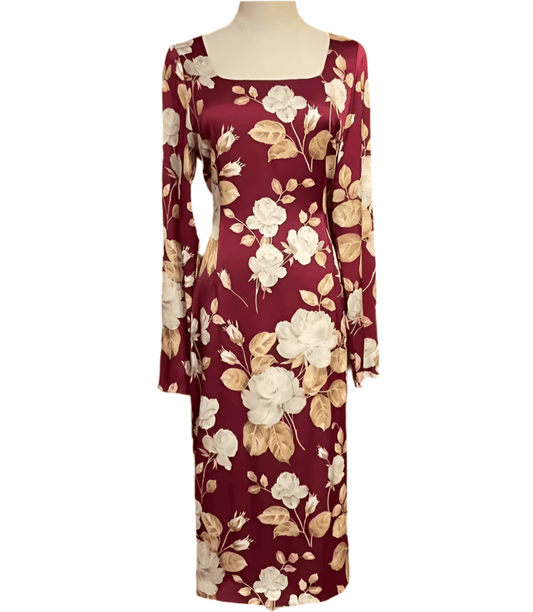 Long Sleeve Burgundy Silk Midi Dress in Beige Rose Print with Leopard Silk Lining - Dress By Vicky