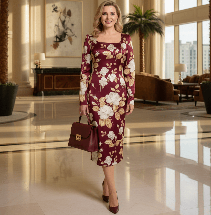 Long Sleeve Burgundy Silk Midi Dress in Beige Rose Print with Leopard Silk Lining - Dress By Vicky