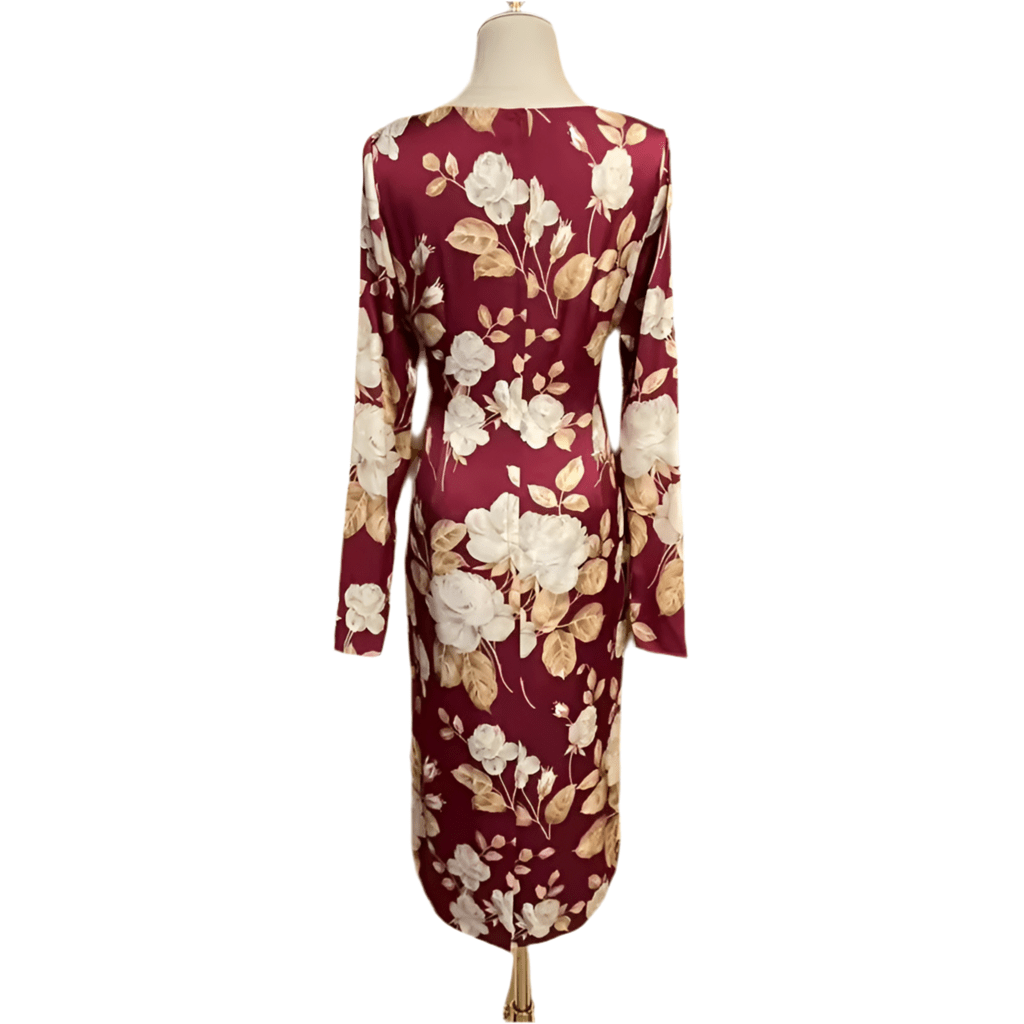 Long Sleeve Burgundy Silk Midi Dress in Beige Rose Print with Leopard Silk Lining - Dress By Vicky