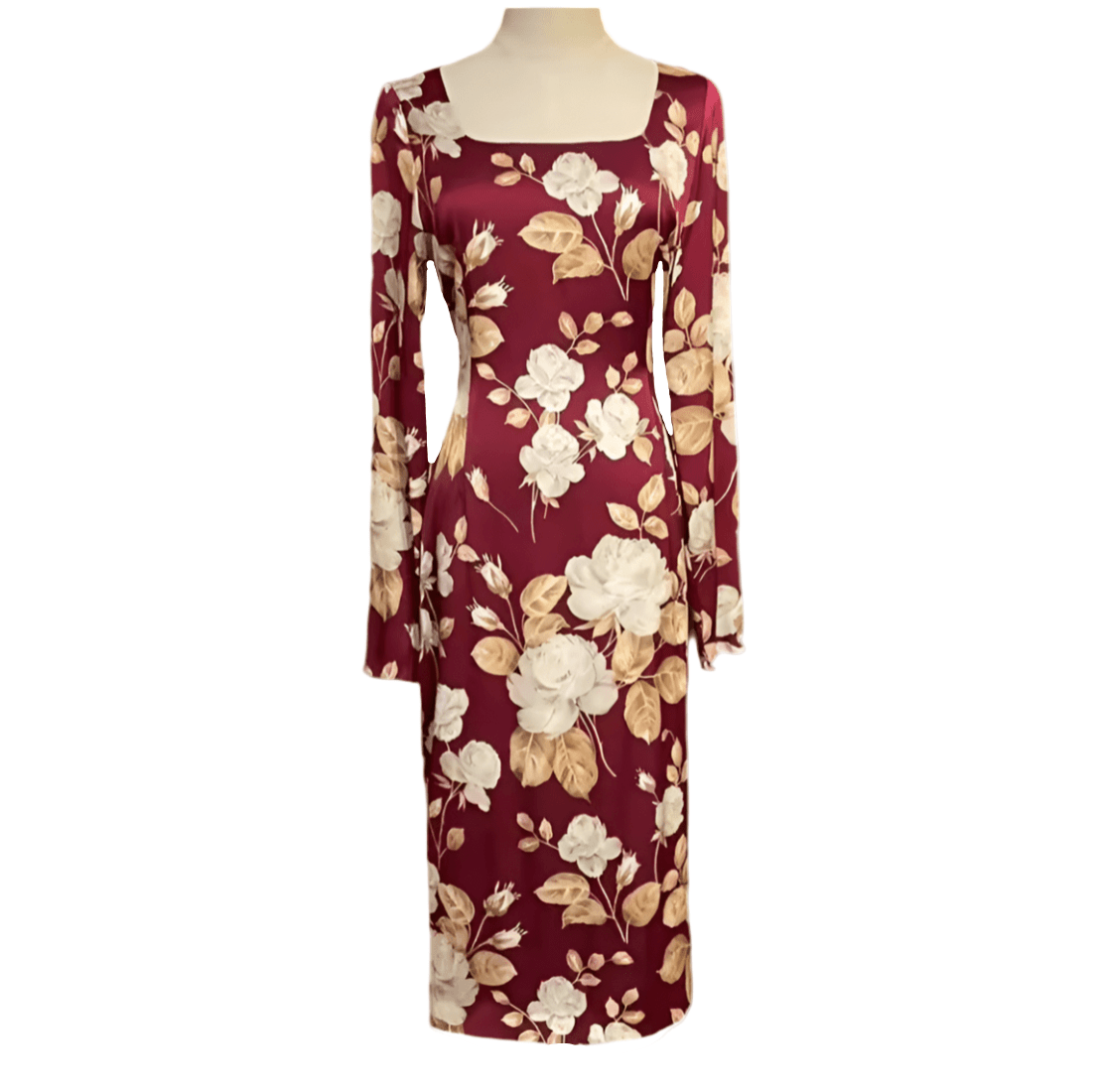 Long Sleeve Burgundy Silk Midi Dress in Beige Rose Print with Leopard Silk Lining - Dress By Vicky