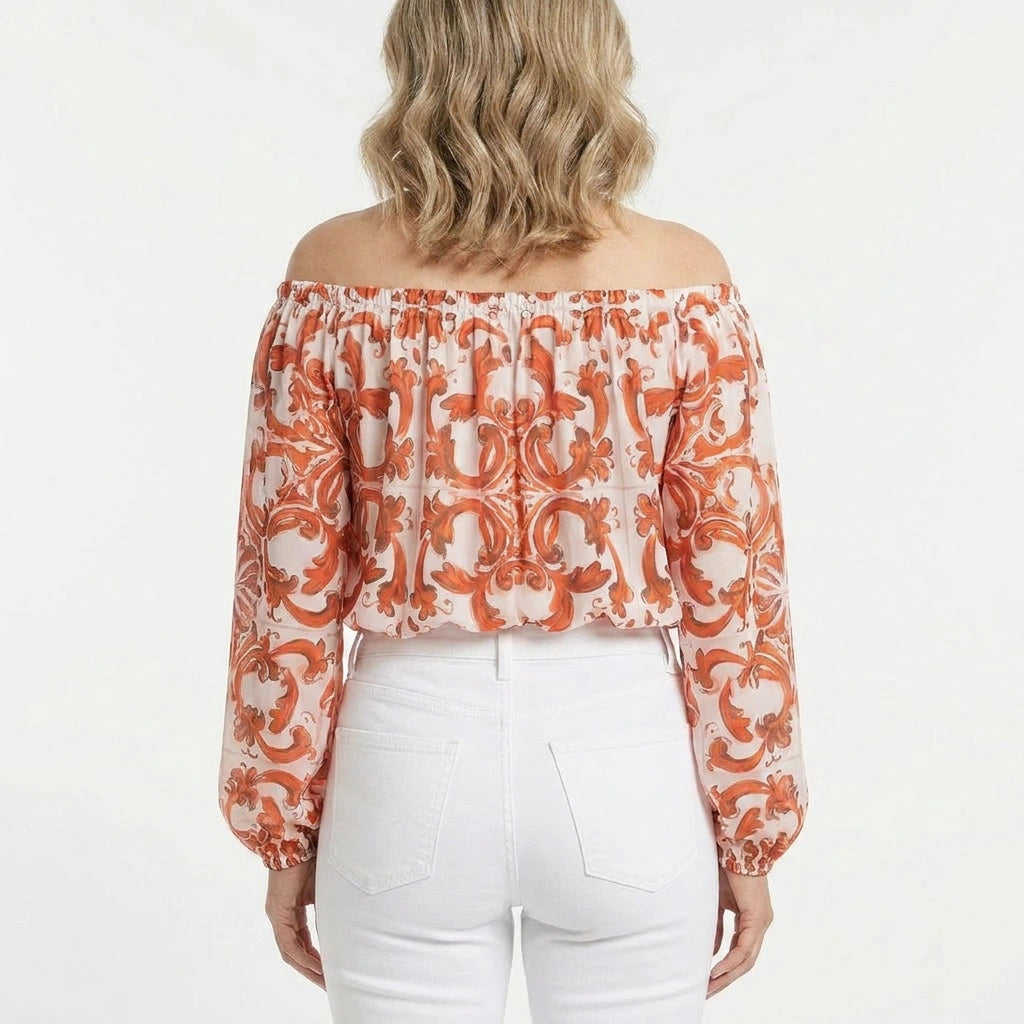 Orange Majolica Silk Chiffon Off-Shoulder Top