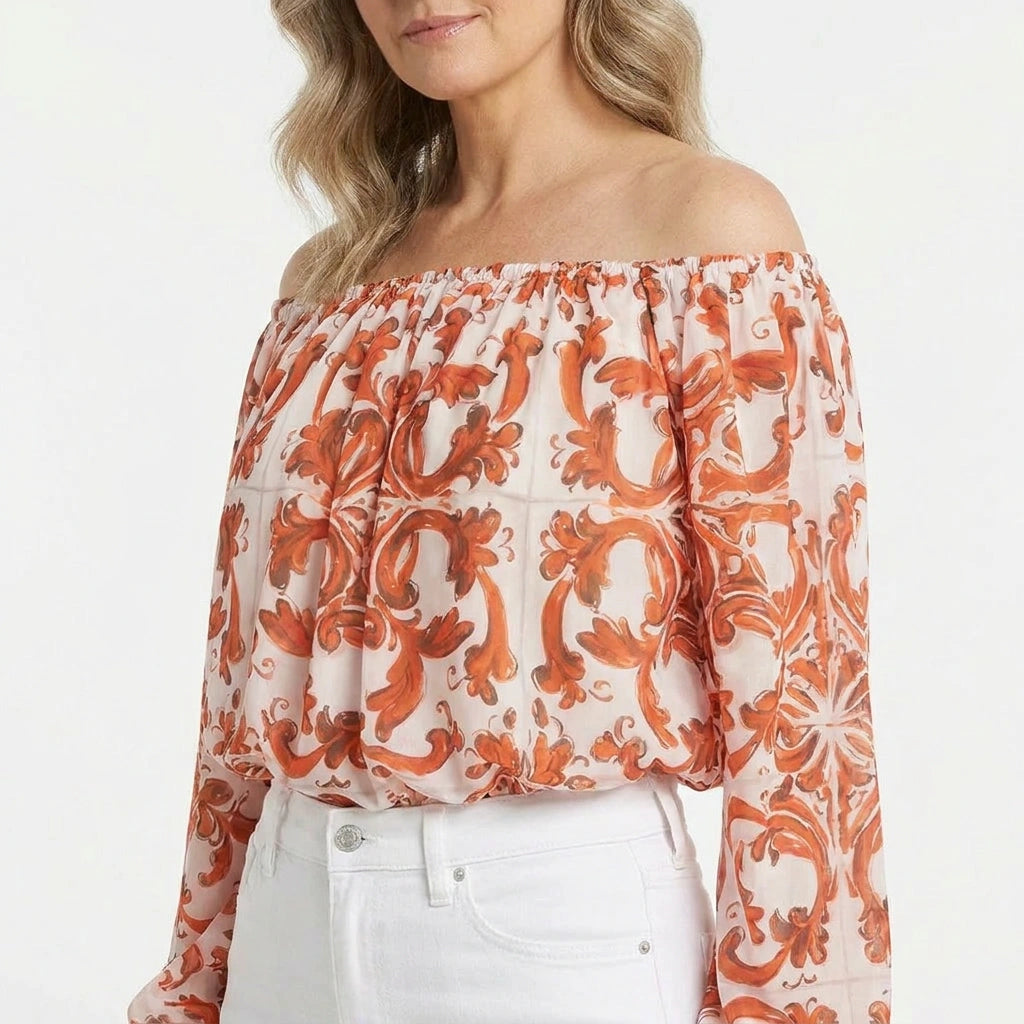 Orange Majolica Silk Chiffon Off-Shoulder Top
