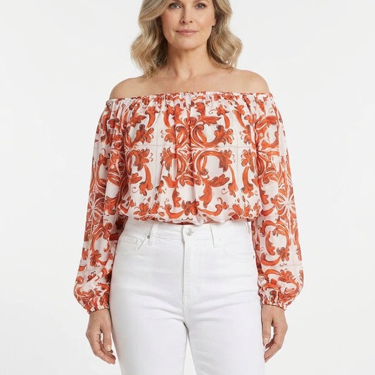 Orange Majolica Silk Chiffon Off-Shoulder Top