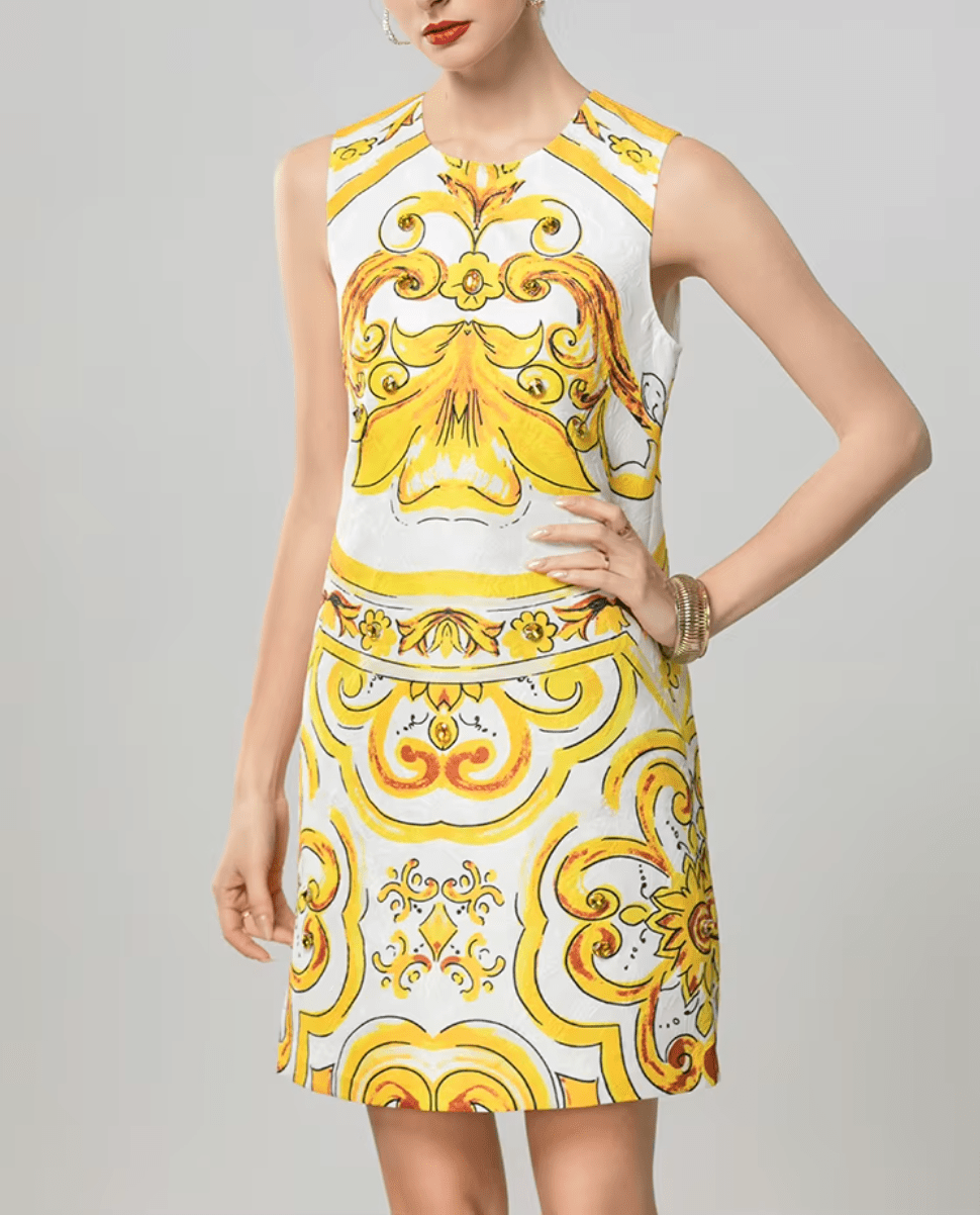 Luxury Brocade Yellow Majolica A - Line mini dress - Dress By Vicky