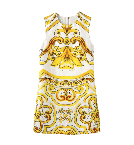 Luxury Brocade Yellow Majolica A - Line mini dress - Dress By Vicky