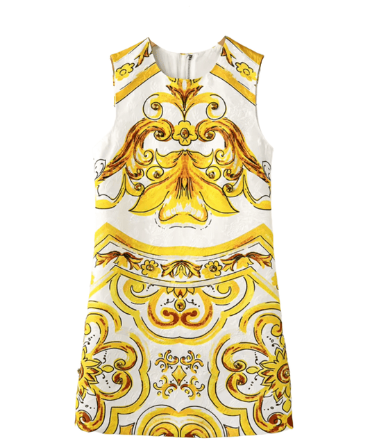 Luxury Brocade Yellow Majolica A - Line mini dress - Dress By Vicky