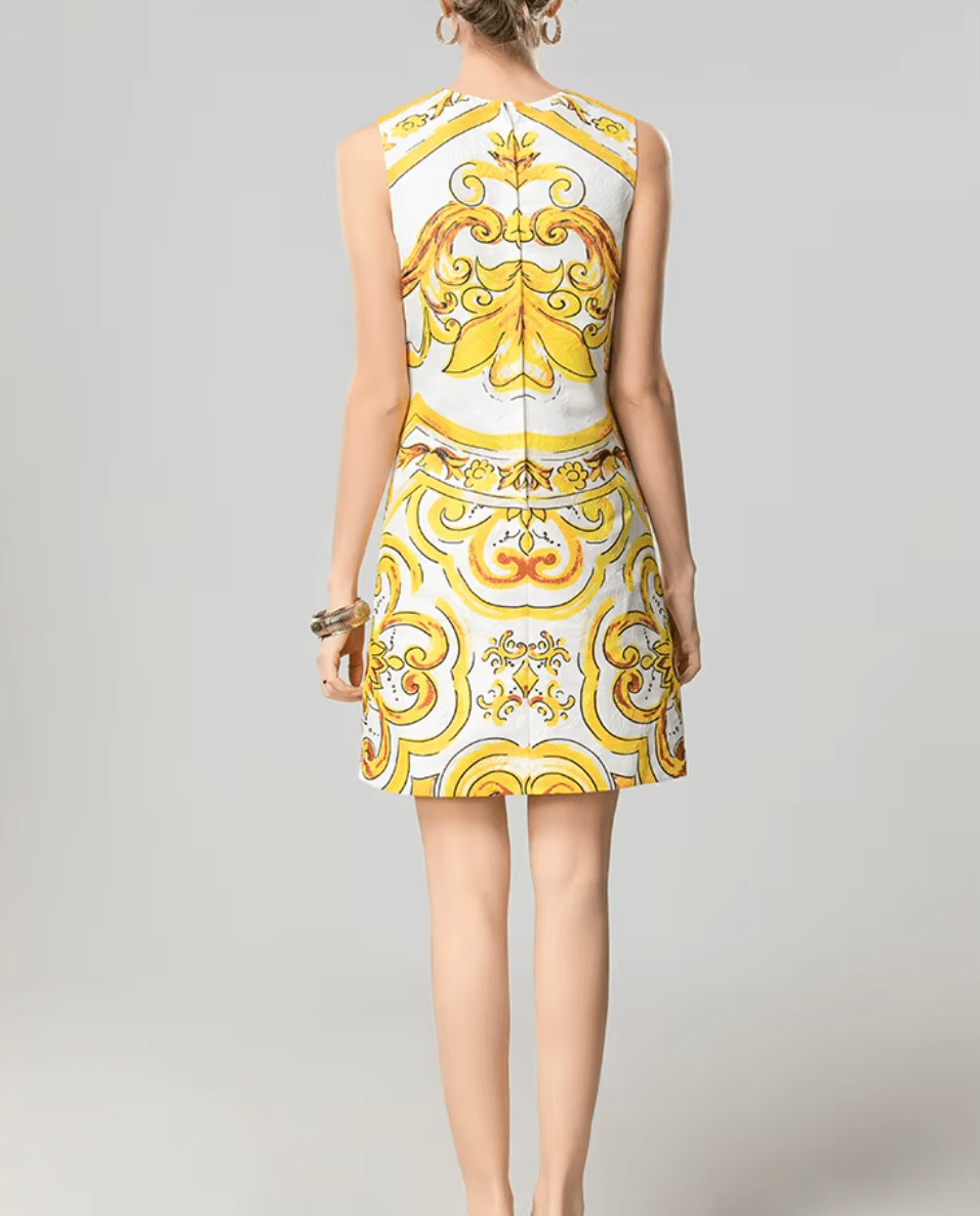 Luxury Brocade Yellow Majolica A - Line mini dress - Dress By Vicky
