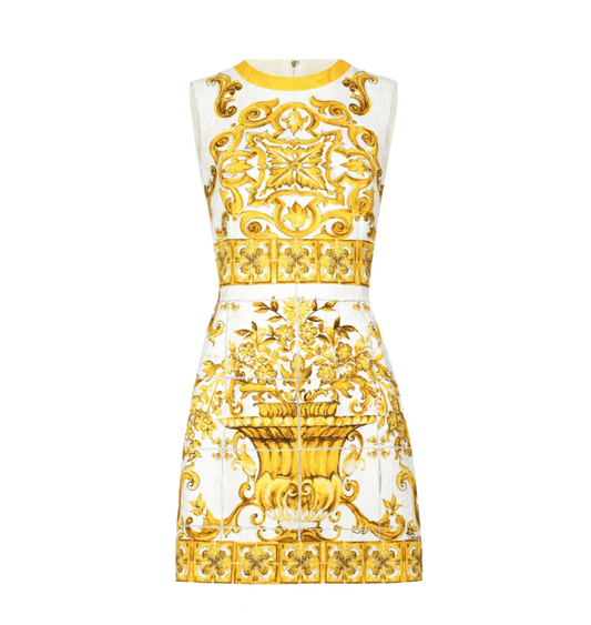 Luxury Brocade Yellow Majolica sleeveless mini dress - Dress By Vicky