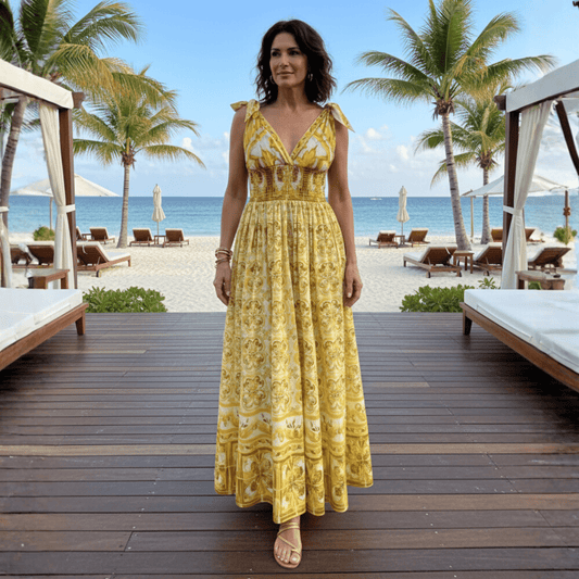 Luxury Designer Yellow porcelain tiles majolica print full length 100% cotton dress - Dress By Vicky