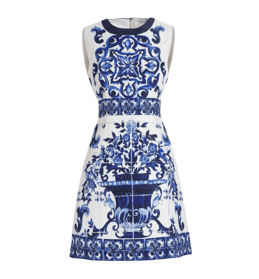 Luxury Italian Designer Brocade Blue Majolica print sleeveless mini dress - Dress By Vicky
