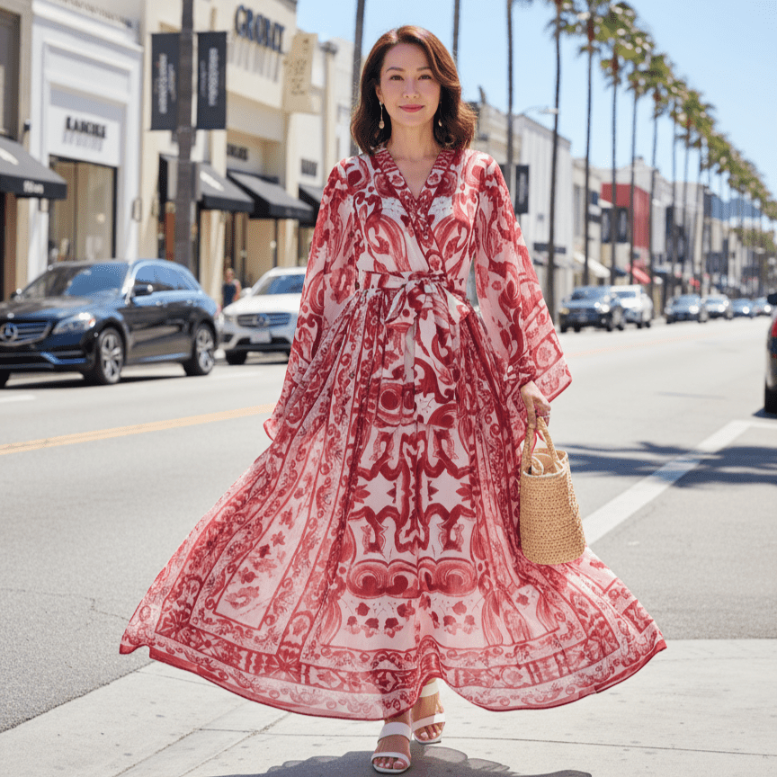 Luxury Italian Designer Red Majolica print Flared sleeves chiffon maxi dress - Dress By Vicky
