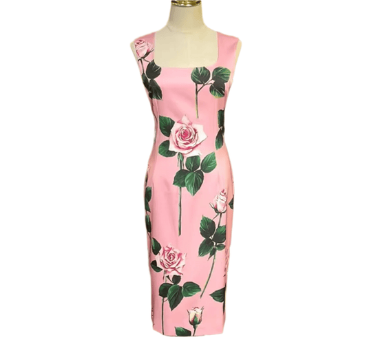 Luxury Italian Timeless Roses on Pink print pure silk midi dress - Dress By Vicky