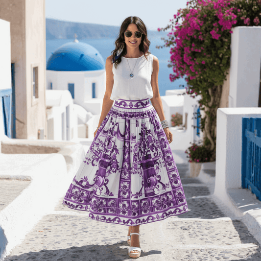 Luxury Purple Majolica 100% cotton midi full skirt - Dress By Vicky