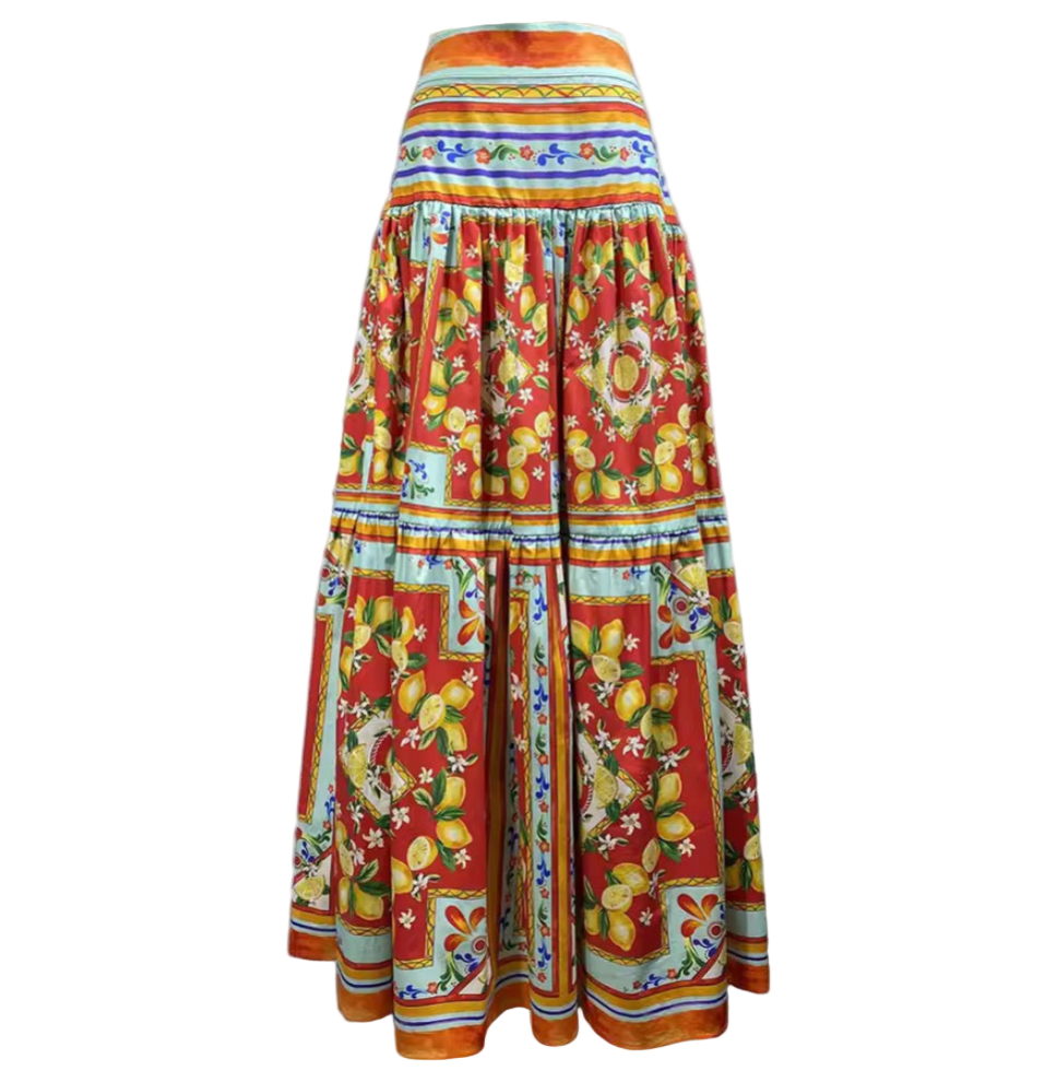 Colorful skirt with lemon and floral pattern on a white background