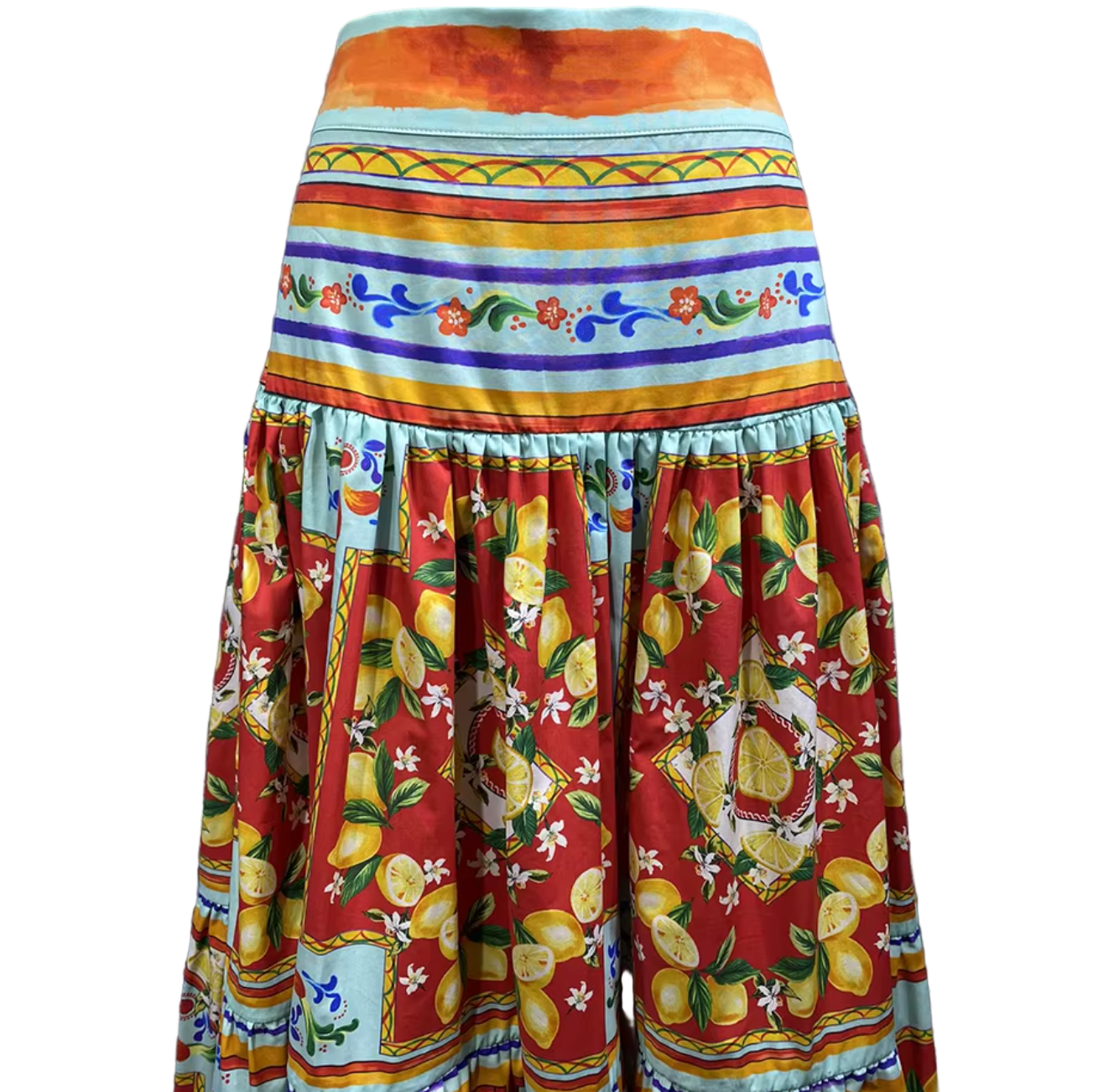 Colorful skirt with lemon pattern on a textured gray background