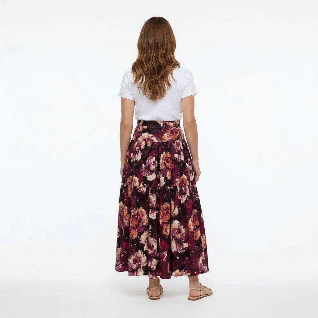 Maroon Floral Cotton Maxi Skirt