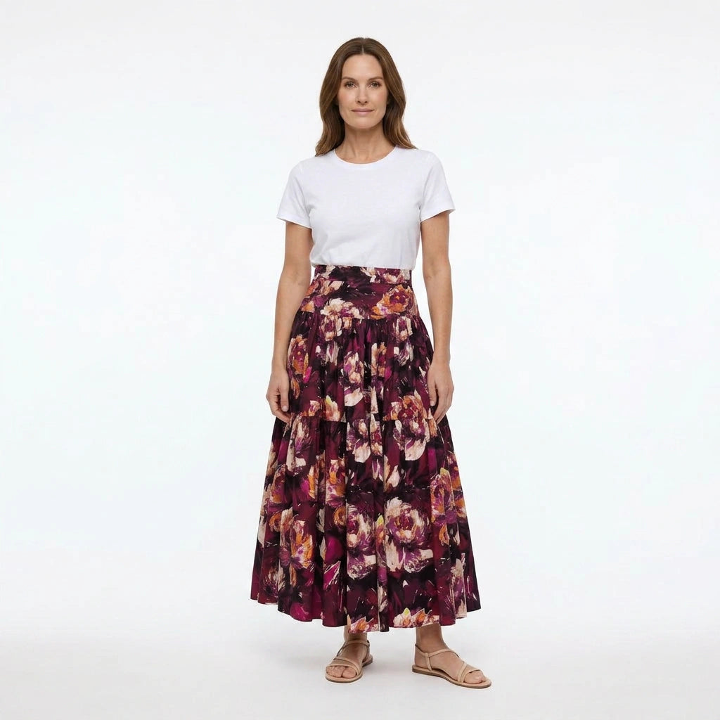 Maroon Floral Cotton Maxi Skirt