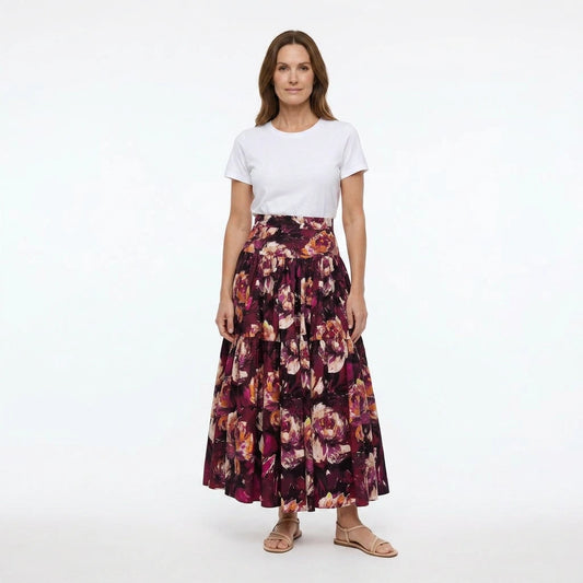 Maroon Floral Cotton Maxi Skirt