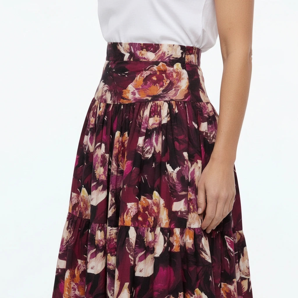 Maroon Floral Cotton Maxi Skirt