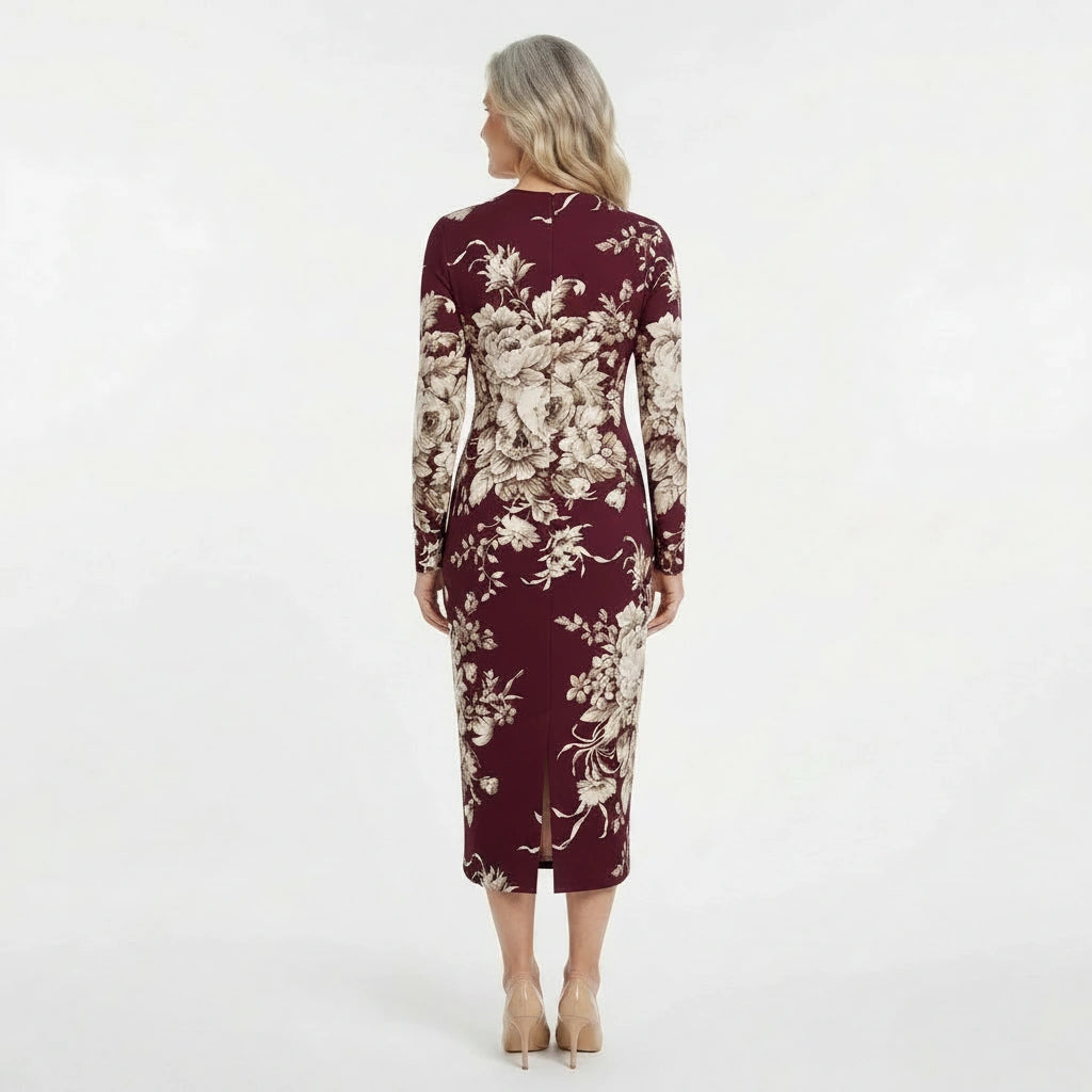 Beige roses & leaves print midi cocktail maroon silk long sleeve dress