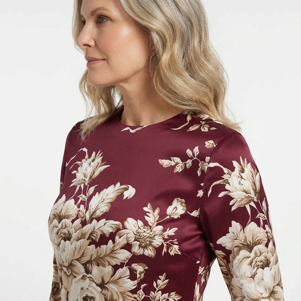 Beige roses & leaves print midi cocktail maroon silk long sleeve dress