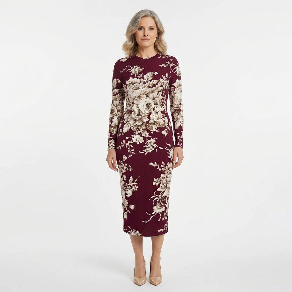 Beige roses & leaves print midi cocktail maroon silk long sleeve dress