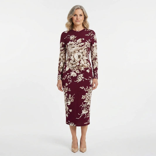 Beige roses & leaves print midi cocktail maroon silk long sleeve dress