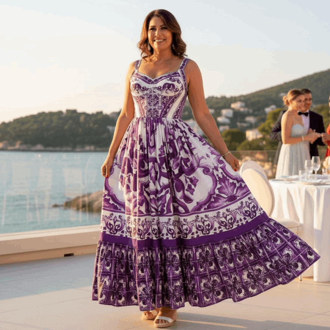 Woman in a purple floral dress standing by a scenic waterfront with other people in the background.