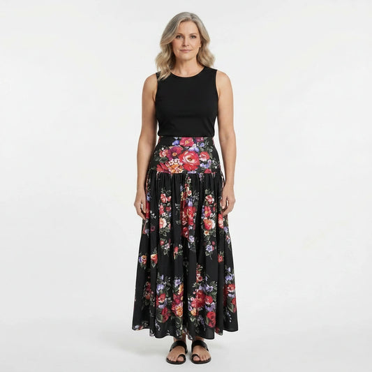 Floralia Italiana Black Cotton Maxi Skirt