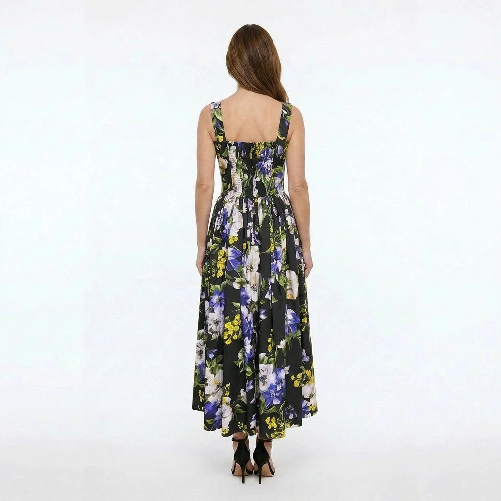Italian Summer Black Floral Cotton Bustier Maxi Dress