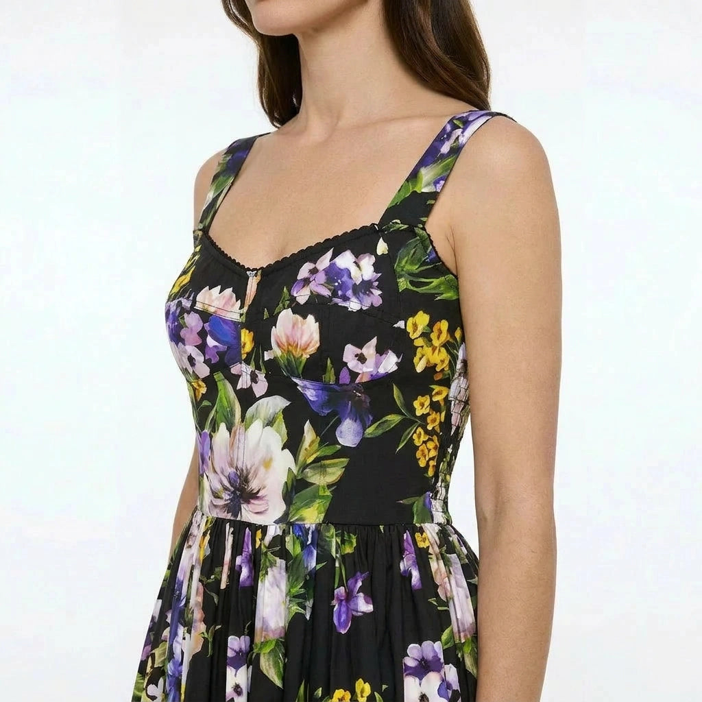 Italian Summer Black Floral Cotton Bustier Maxi Dress