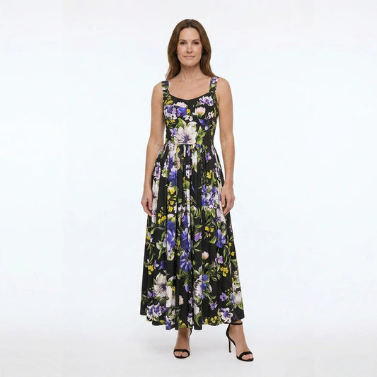 Italian Summer Black Floral Cotton Bustier Maxi Dress