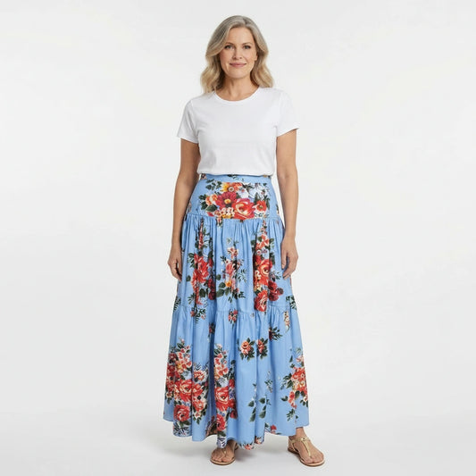Floralia Italiana Blue Cotton Maxi Skirt
