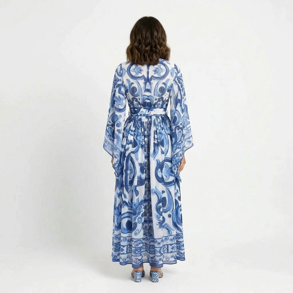 OUTLET: Italian Chiffon Blue Majolica print Flared sleeves maxi dress, SIZE S, M