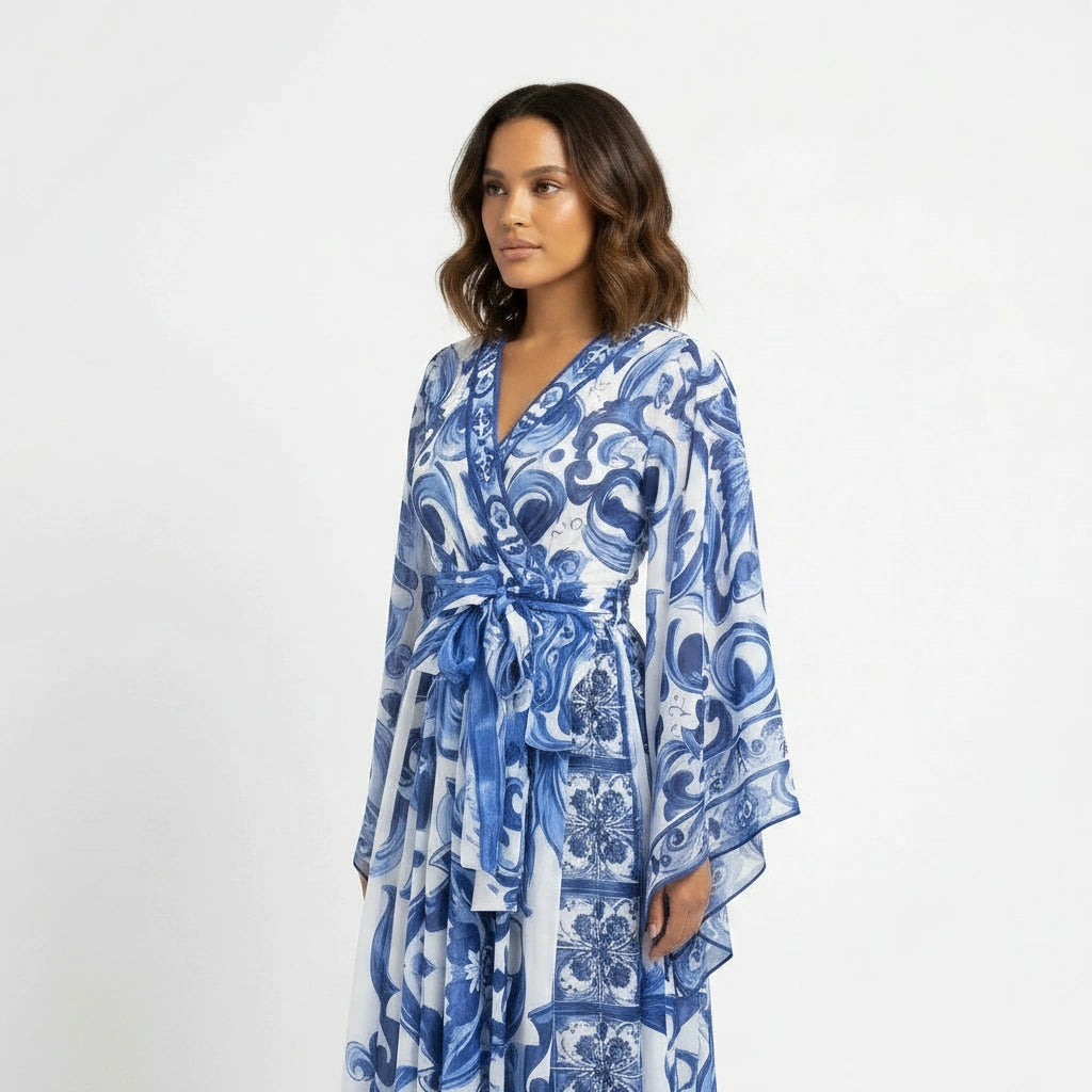 OUTLET: Italian Chiffon Blue Majolica print Flared sleeves maxi dress, SIZE S, M