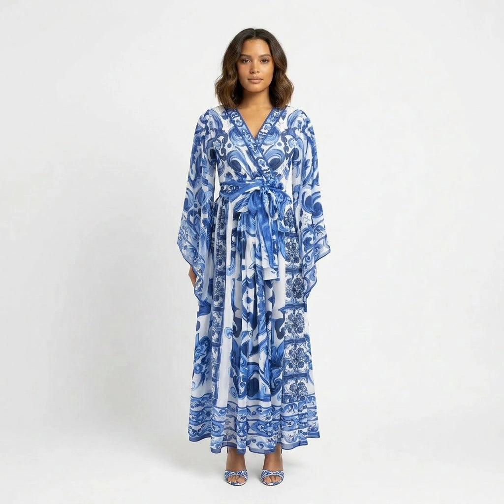 OUTLET: Italian Chiffon Blue Majolica print Flared sleeves maxi dress, SIZE S, M