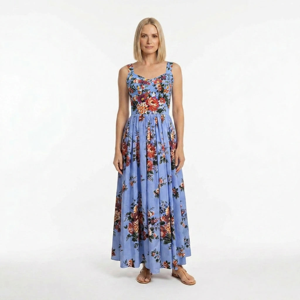 Floralia Italiana Blue Cotton Maxi Dress