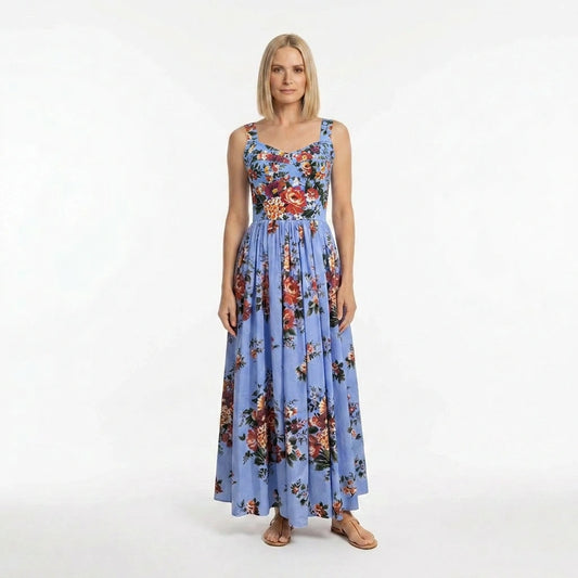 Floralia Italiana Blue Cotton Maxi Dress
