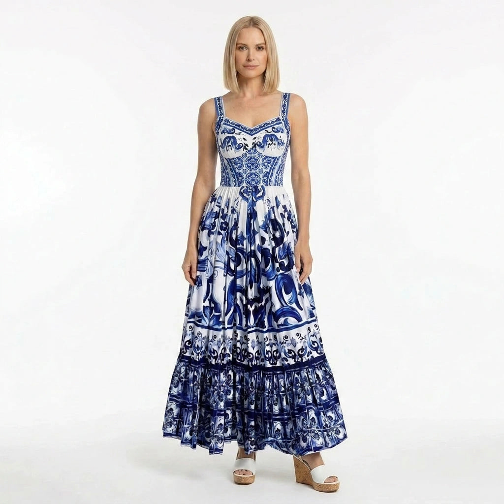 Blue Majolica Cotton Maxi Dress for Summer Weddings and Parties L / EU38 / US8