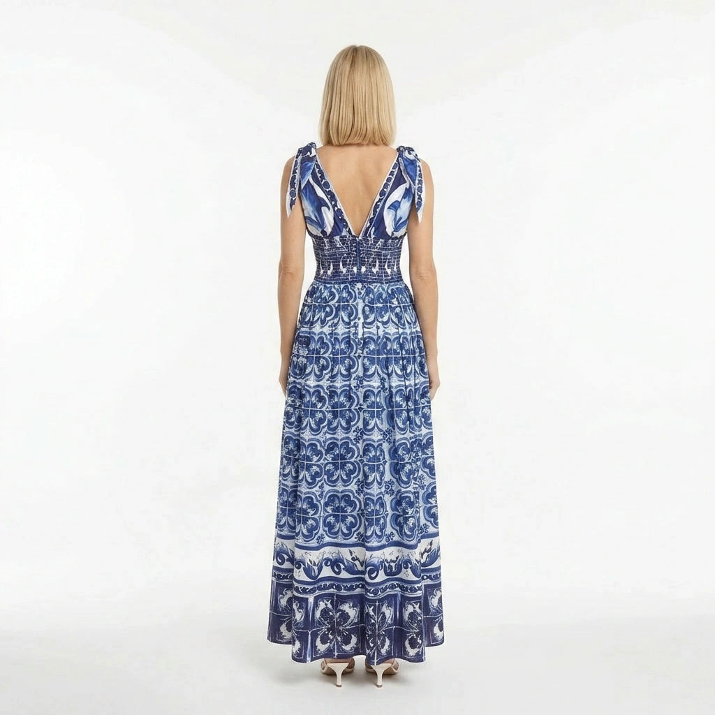 Blue Porcelain Majolica print 100% cotton bow shoulder maxi dress
